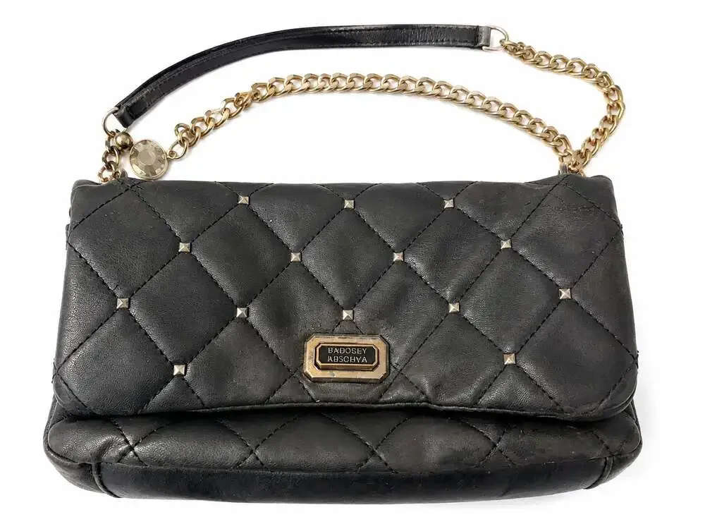 Badgley Mischka Black Quilted Leather Crossbody Bag with Studs and Gold Chain